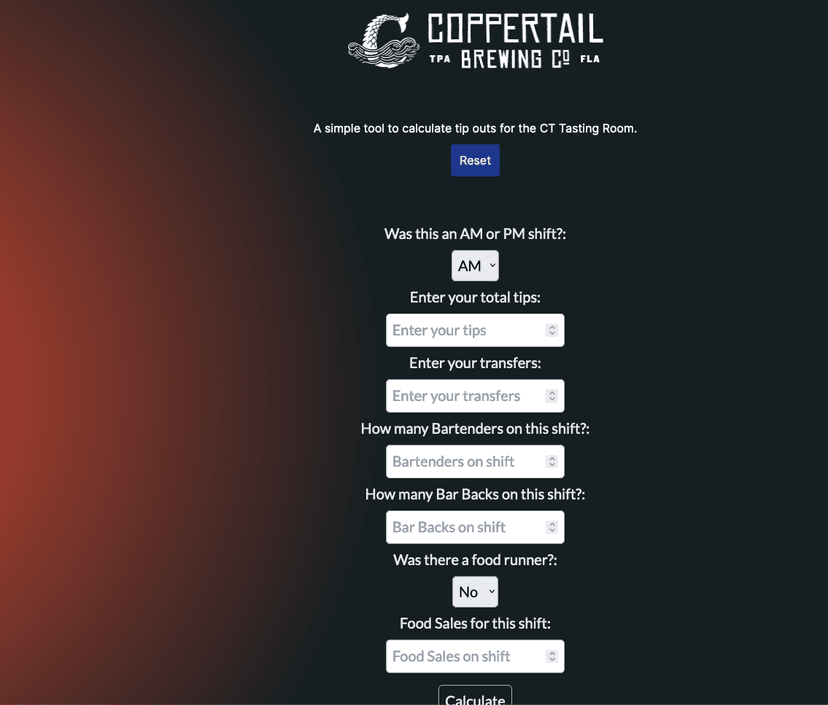 Screenshot of Coppertail Tip Calculator